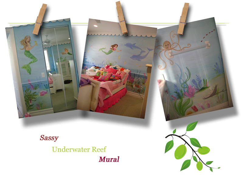 Mermaid Mural, Coral Reef Mural - Children's mural, Bmermaid swimming with sea turtle